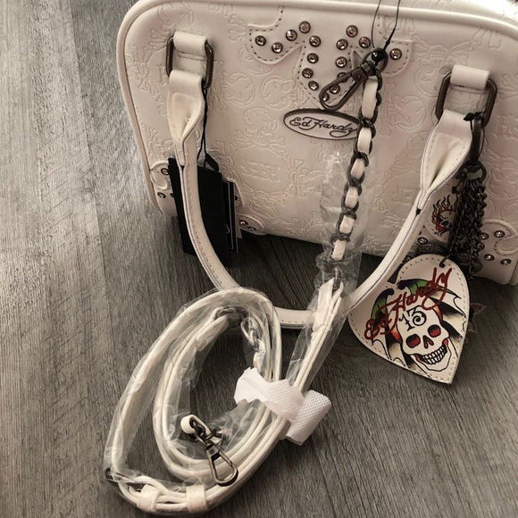 Ed Hardy White Faux Leather Satchel Embossed Skull & Rhinestones Bag Charm NWT - Picture 13 of 16